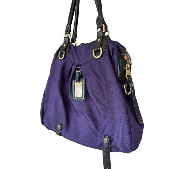 JPK Womens Purple Gold Tone Nylon Top Zip Closure Leather Double Handle Handbag - Picture 8 of 11